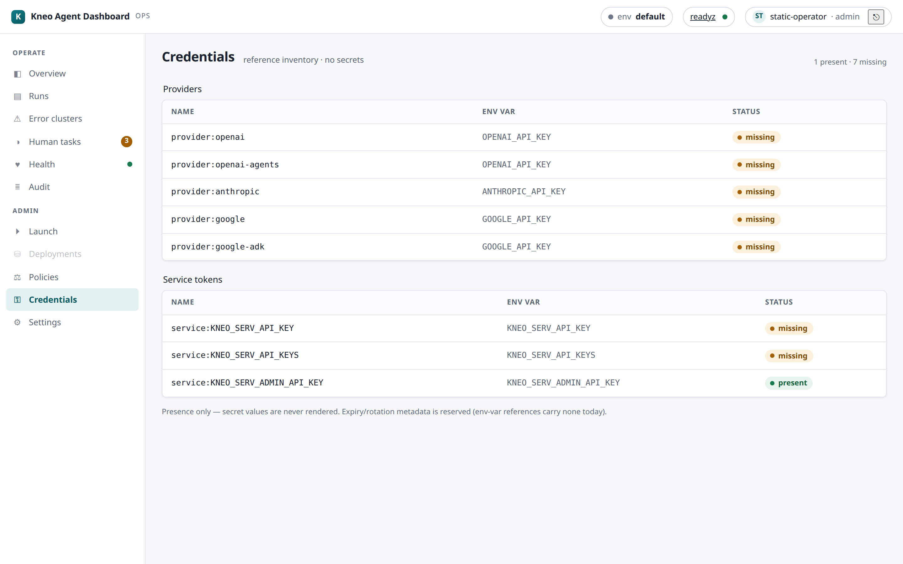 The Credentials page: a presence-only inventory of credential references grouped into
Providers, Other secrets, and Service tokens — each row shows the name, environment variable,
and presence / status, never a secret value.