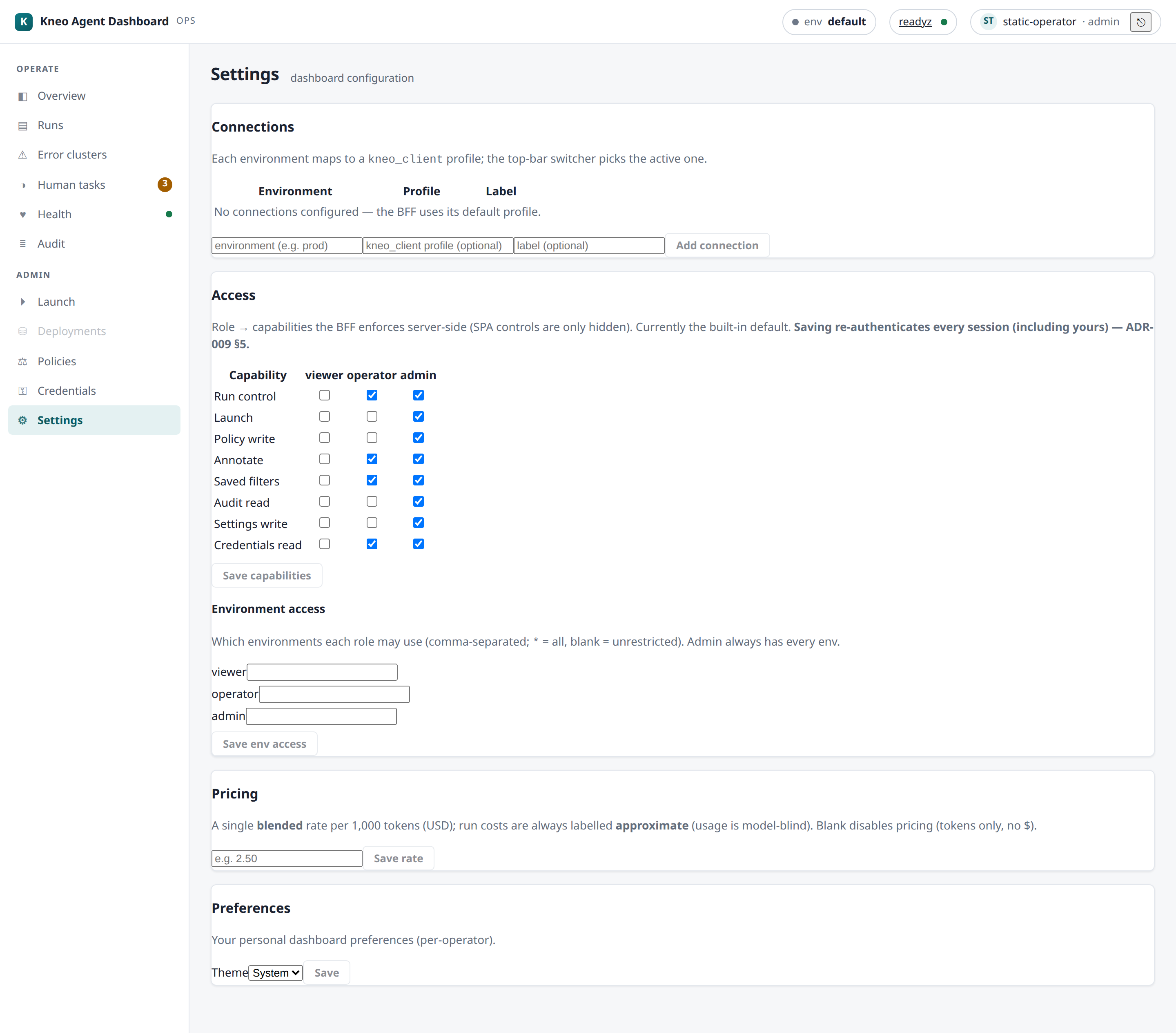The Settings page with its four stacked cards — Connections (environment → kneo-client
profile), Access (a viewer / operator / admin capability matrix plus per-role environment
grants), Pricing (a blended per-1,000-token rate), and Preferences (theme).